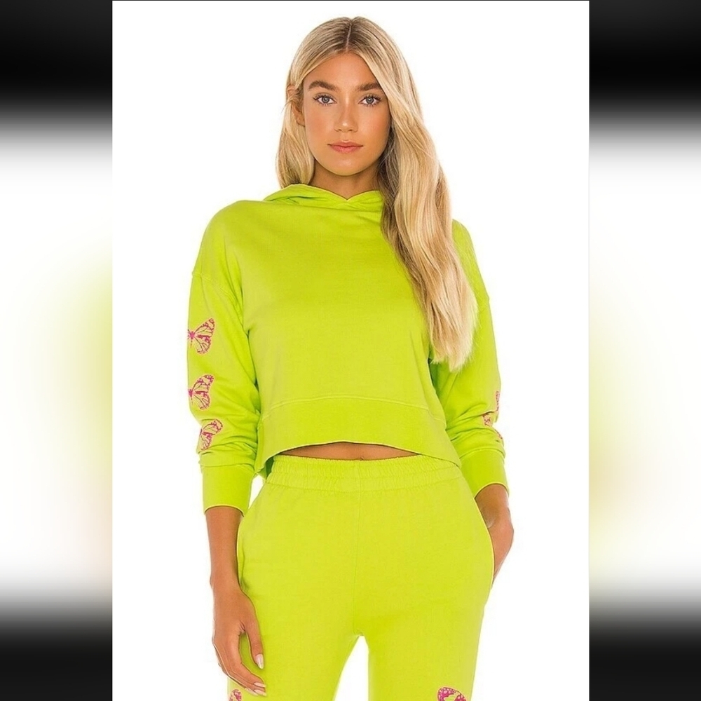 Frankies Bikinis Revolve Burl Sweatshirt Set Neon Green Butterfly Print M